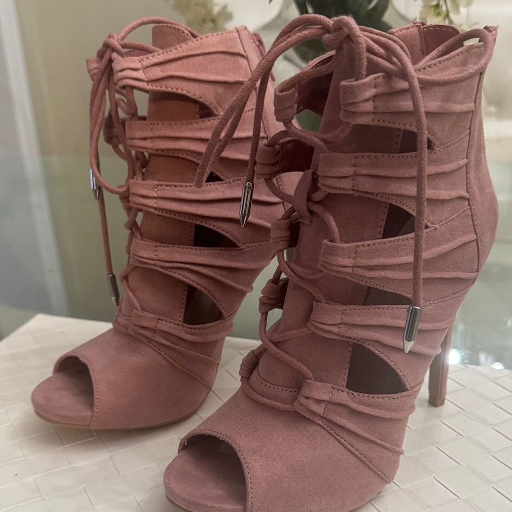 Shoe Dazzle Dusty Rose Lace-Up Peep Toe Stiletto Booties